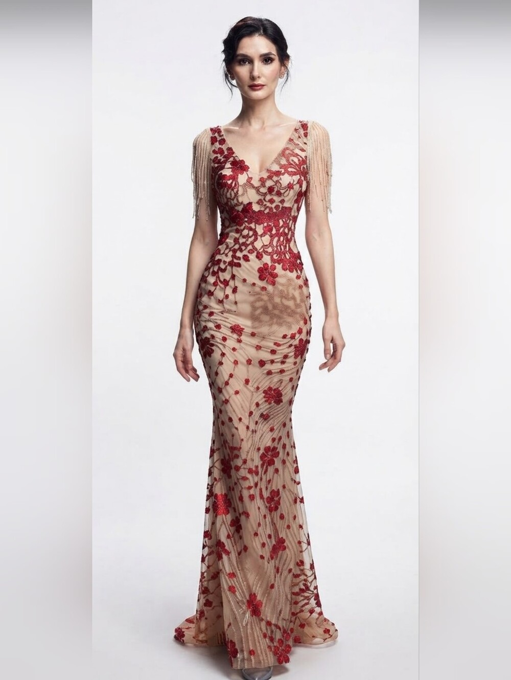 Red, Floral Print,  V Neck, Beaded Draped Sleeves,  Sequined Mermaid Gown
